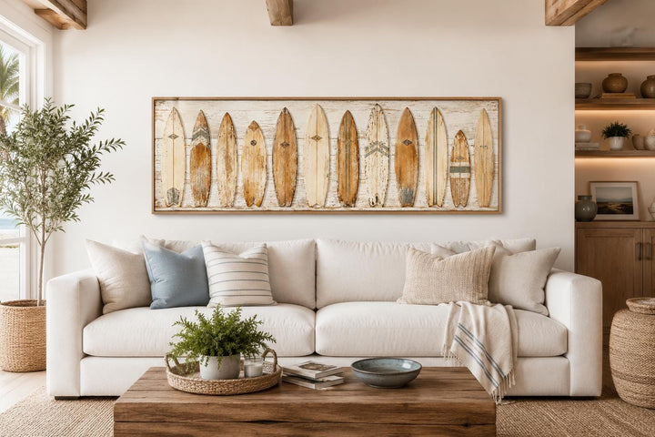 Vintage surfboard wall art featuring a row of weathered longboards above a white sofa.