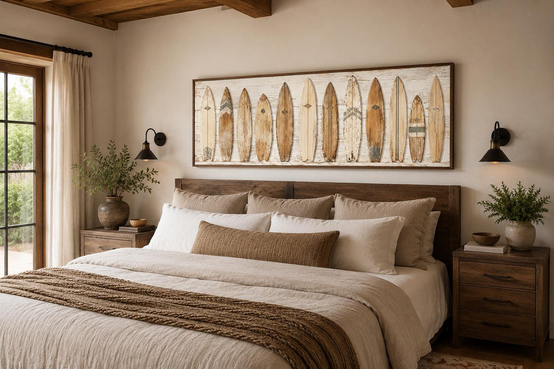 Vintage surfboard wall art featuring a row of weathered longboards above a neutral-toned bed.