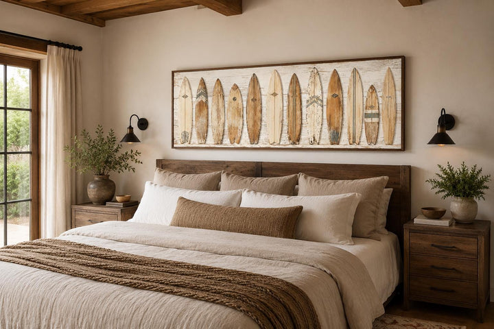 Vintage surfboard wall art featuring a row of weathered longboards above a neutral-toned bed.