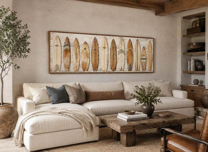 Vintage surfboard wall art with a row of weathered longboards in a warm, sun-faded coastal palette.
