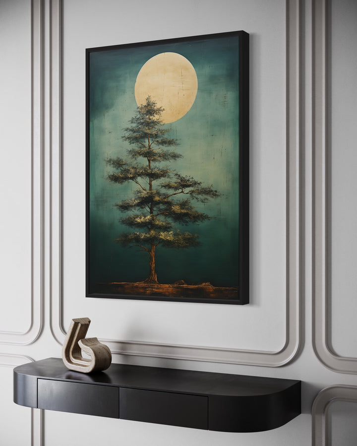 Vintage Tree And Moon Emerald Green Framed Canvas Wall Art