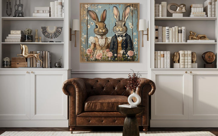Vintage Victorian Rabbit Couple Framed Canvas Wall Art