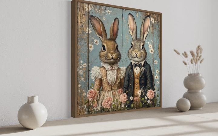Vintage Victorian Rabbit Couple Framed Canvas Wall Art