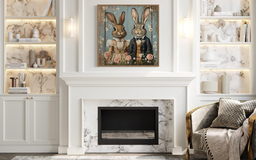 Vintage Victorian Rabbit Couple Framed Canvas Wall Art