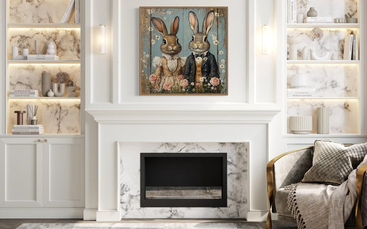 Vintage Victorian Rabbit Couple Framed Canvas Wall Art