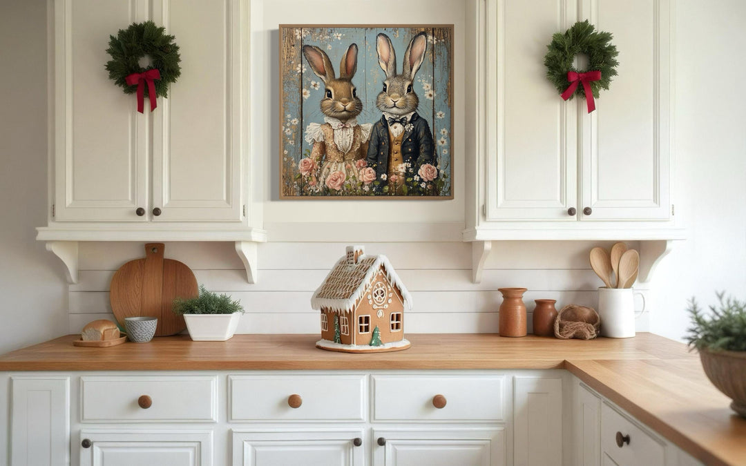 Vintage Victorian Rabbit Couple Framed Canvas Wall Art