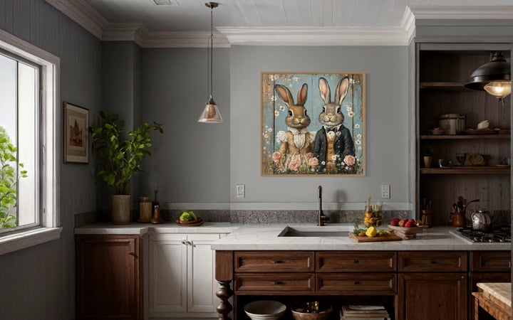 Vintage Victorian Rabbit Couple Framed Canvas Wall Art