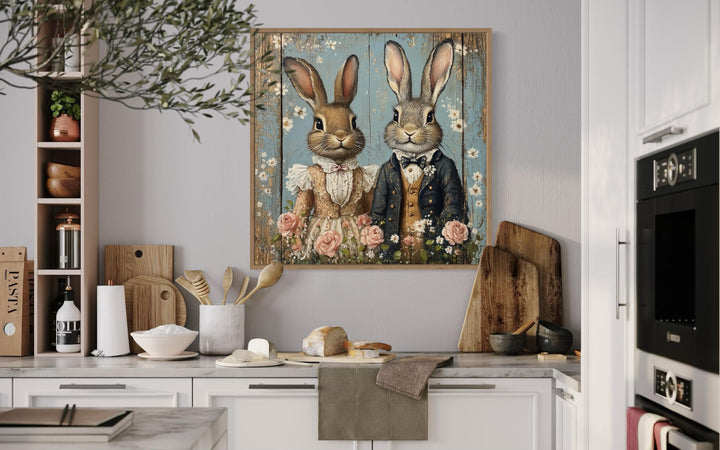 Vintage Victorian Rabbit Couple Framed Canvas Wall Art