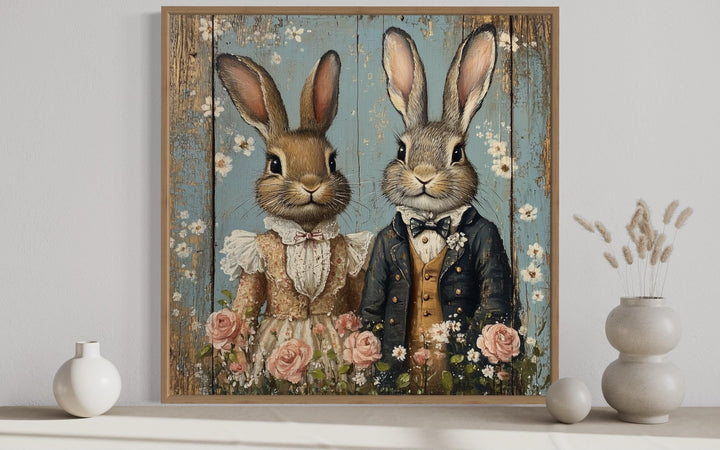 Vintage Victorian Rabbit Couple Framed Canvas Wall Art