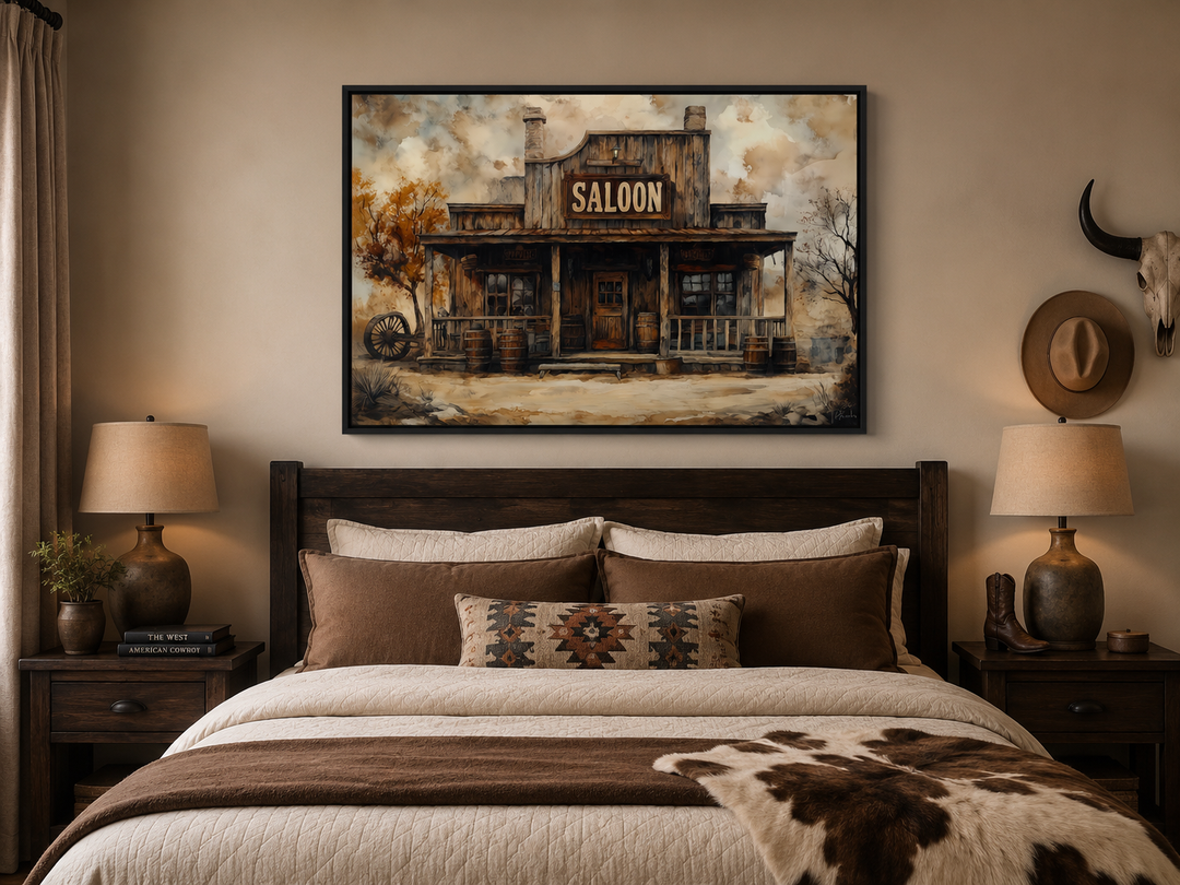 Vintage Western Saloon framed canvas wall art hanging above a bed in a rustic bedroom.