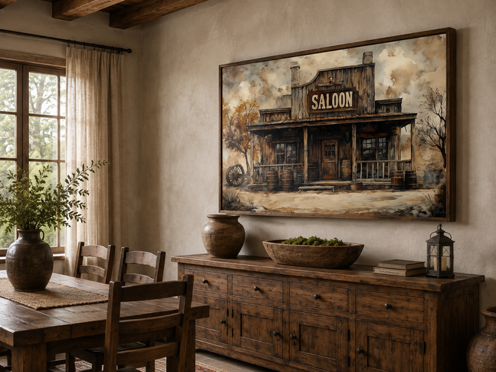 Vintage Western Saloon framed canvas wall art hanging above a rustic wooden sideboard in a room.