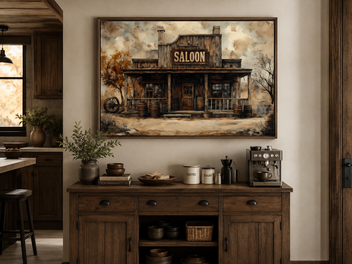 Vintage Western Saloon framed canvas wall art hanging above a rustic wooden coffee station.