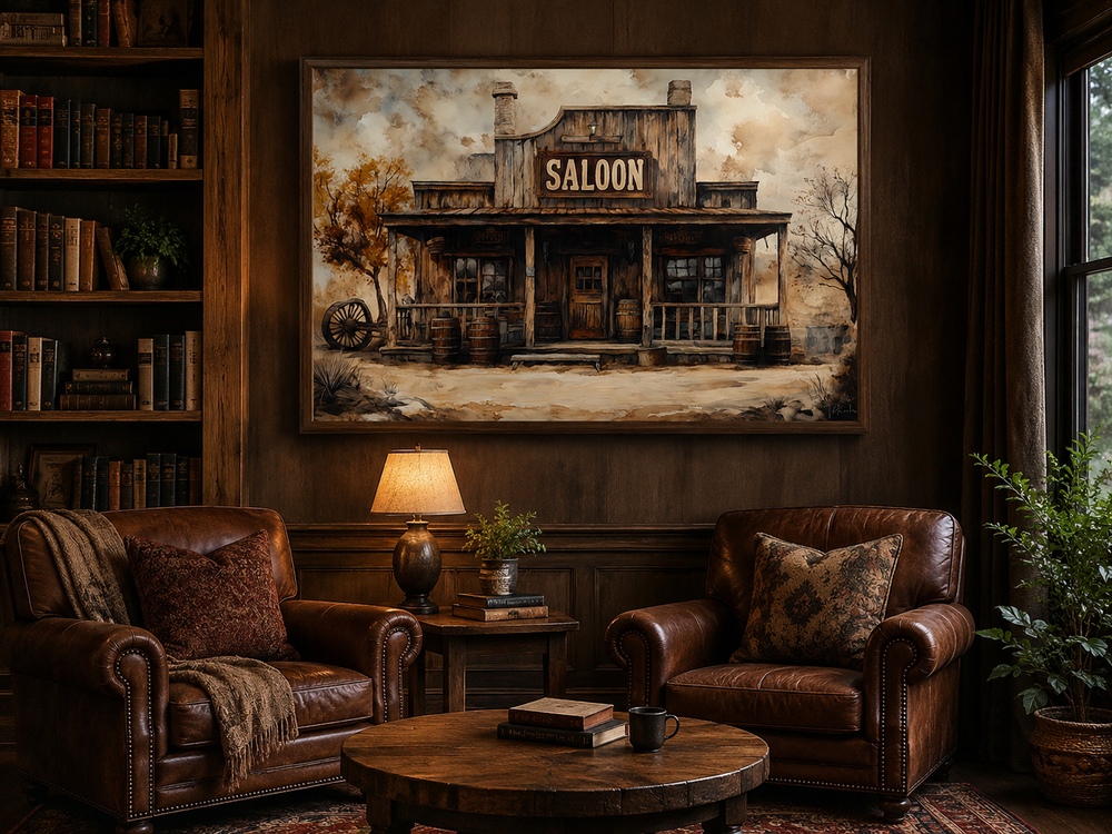 Vintage Western Saloon framed canvas wall art hanging in a rustic living room with leather chairs.