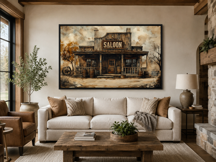 Vintage Western Saloon framed canvas wall art hanging above a white sofa in a rustic living room.