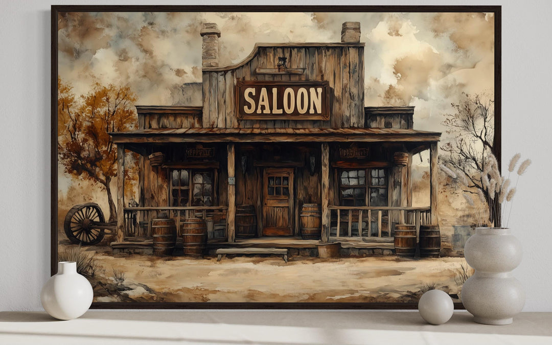 Vintage Western Saloon Framed Canvas Wall Art