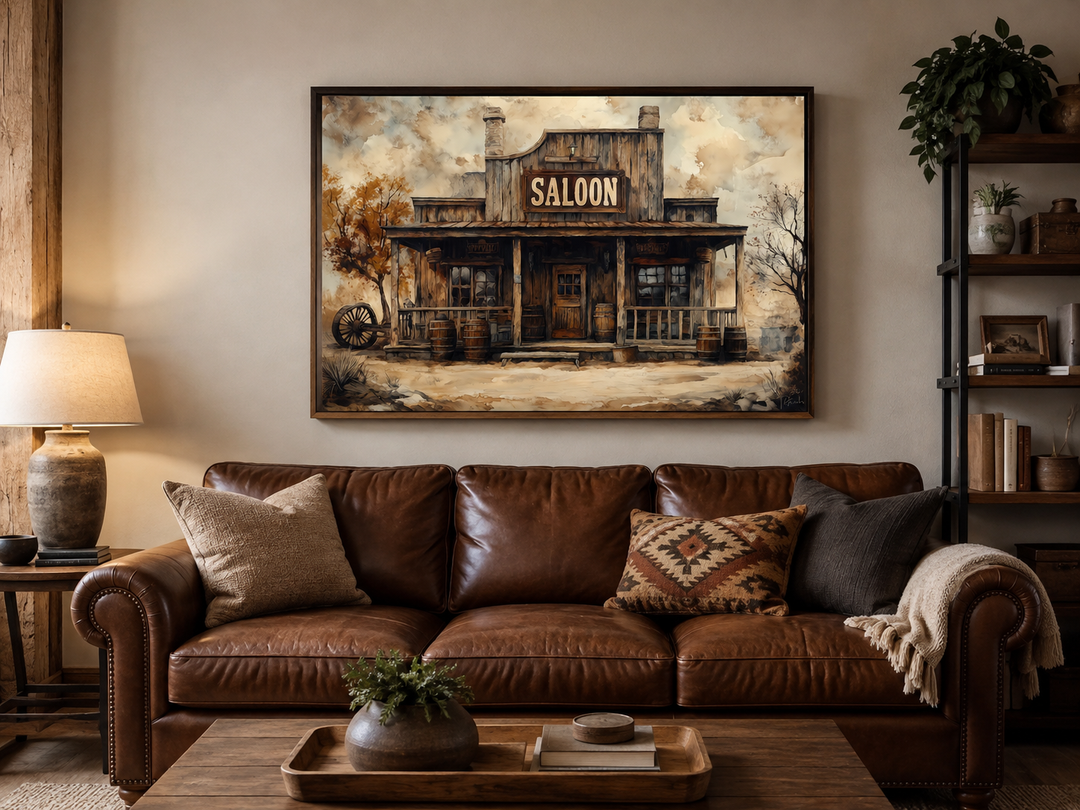 Vintage Western Saloon framed canvas wall art hanging above a brown leather sofa in a rustic room.
