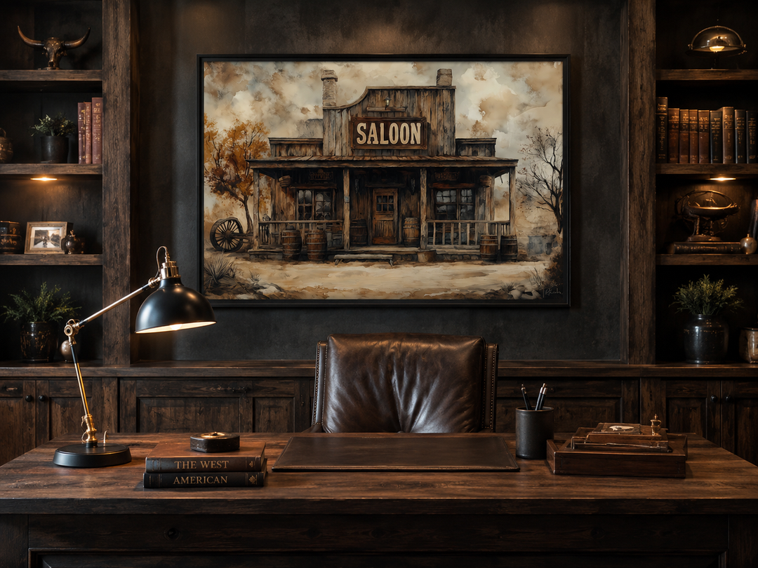 Vintage Western Saloon framed canvas wall art hanging in a rustic office above a wooden desk.
