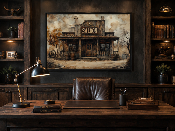 Vintage Western Saloon framed canvas wall art hanging in a rustic office above a wooden desk.
