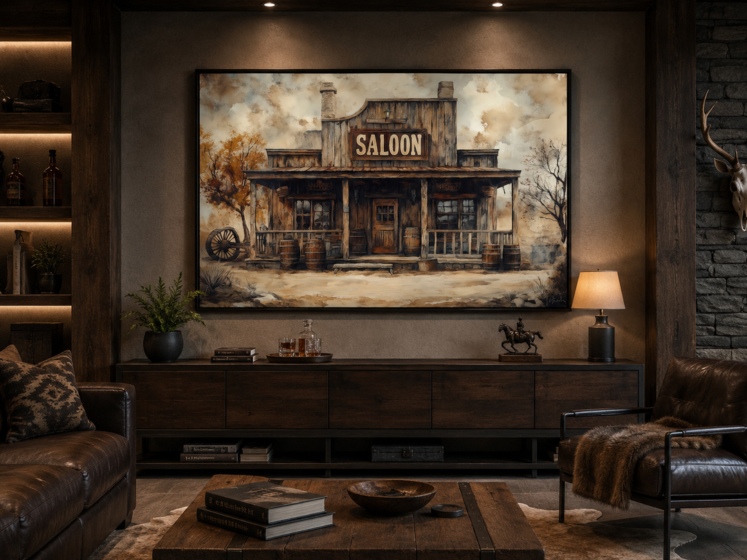 Vintage Western Saloon framed canvas wall art displayed in a rustic living room setting.