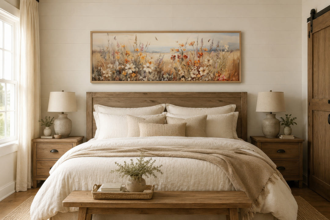 Vintage wildflowers field canvas wall art in a long horizontal frame hanging above a bed.