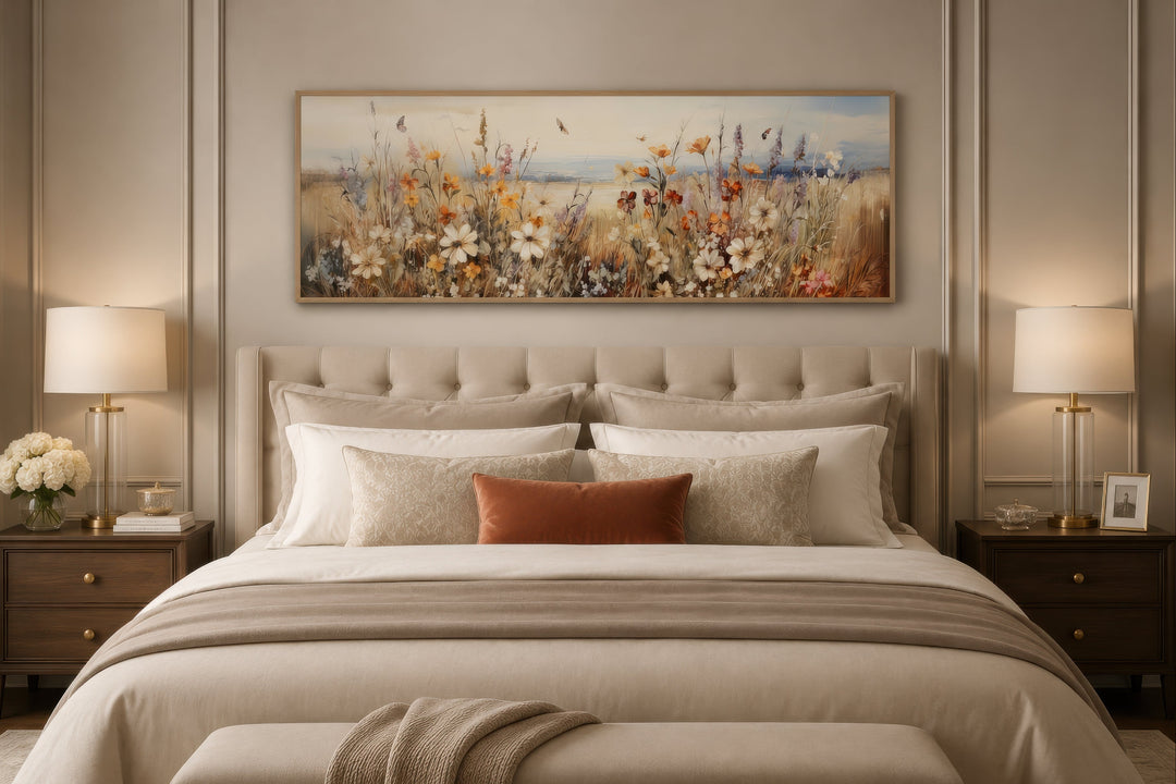 A long horizontal canvas of vintage wildflowers in muted earth tones hangs above a tufted bed.