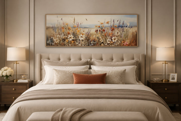 A long horizontal canvas of vintage wildflowers in muted earth tones hangs above a tufted bed.