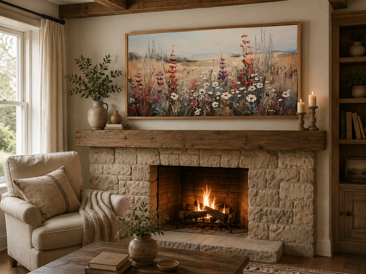 Vintage wildflowers field canvas wall art hanging above a stone fireplace in a farmhouse living room