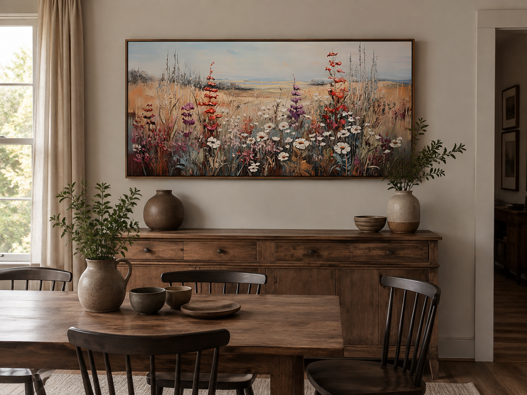 Vintage wildflowers field canvas wall art in a horizontal frame above a wooden sideboard.