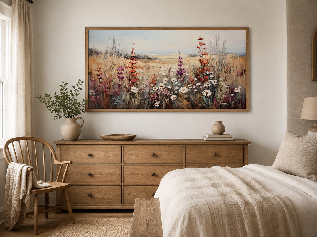 Vintage wildflower field canvas wall art in a wooden frame above a dresser in a farmhouse bedroom.