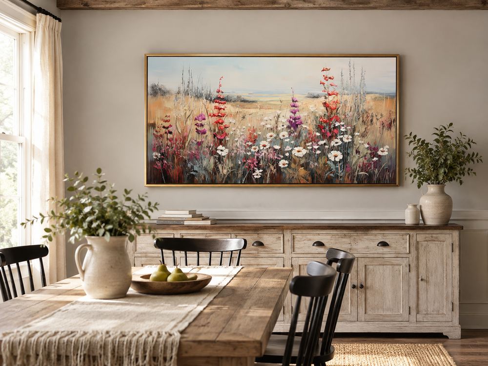 Vintage wildflowers field canvas wall art in a gold frame above a rustic sideboard in a dining room.