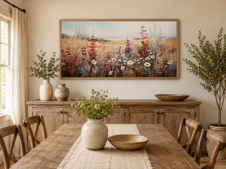 Horizontal vintage wildflower field canvas print in a wooden frame above a farmhouse sideboard.