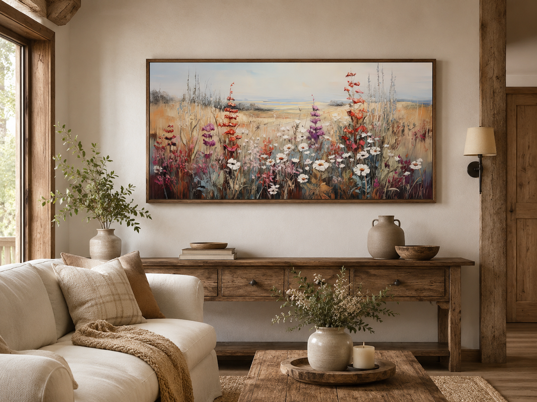 Horizontal canvas print of a vintage wildflower field in a wooden frame above a console table.