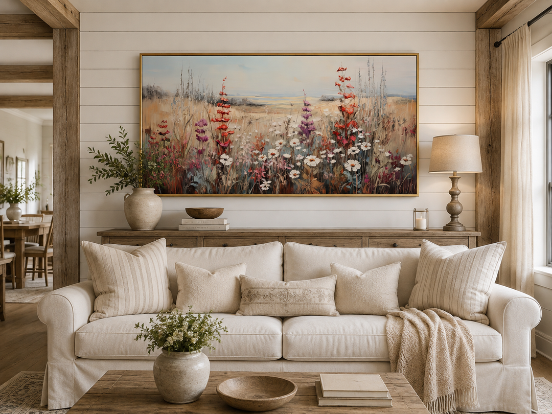 Vintage wildflower field canvas wall art in a gold frame above a white sofa in a farmhouse room.