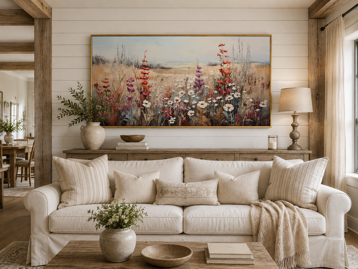 Vintage wildflower field canvas wall art in a gold frame above a white sofa in a farmhouse room.