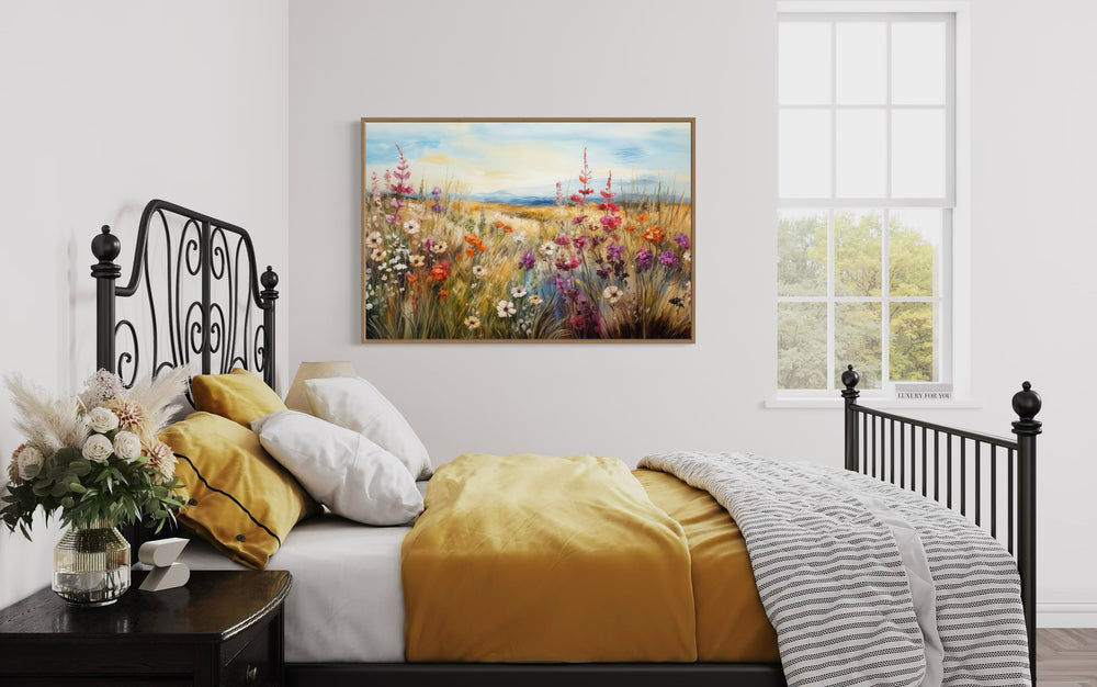 Farmhouse Wall Decor - Vintage Wildflowers Field Framed Canvas Wall Decor