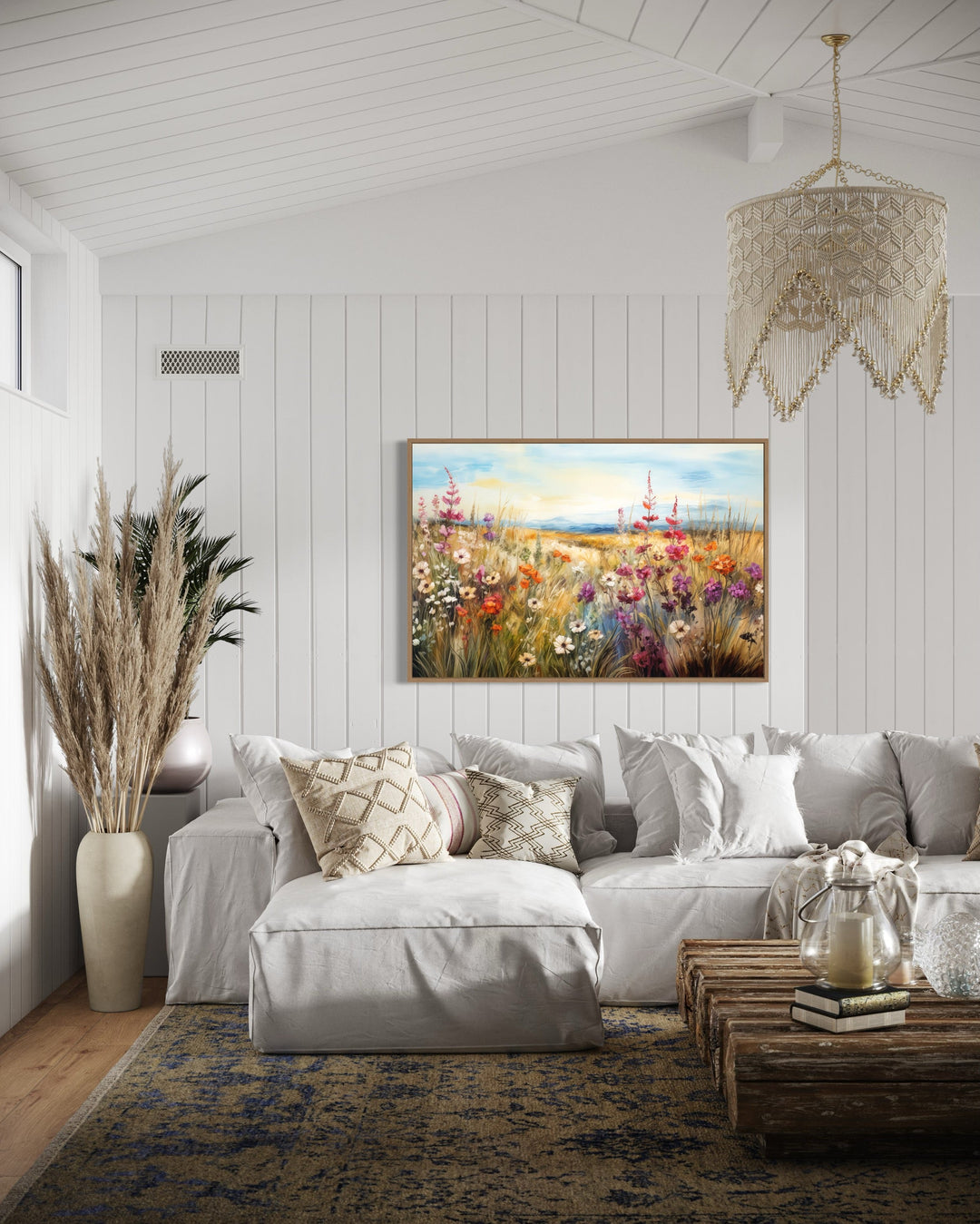 Farmhouse Wall Decor - Vintage Wildflowers Field Framed Canvas Wall Decor