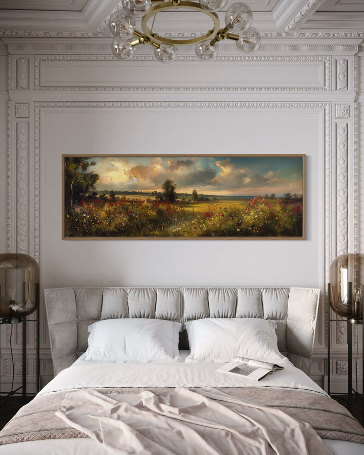 Vintage Wildflowers Field Landscape at Sunset Panoramic Canvas Wall Art