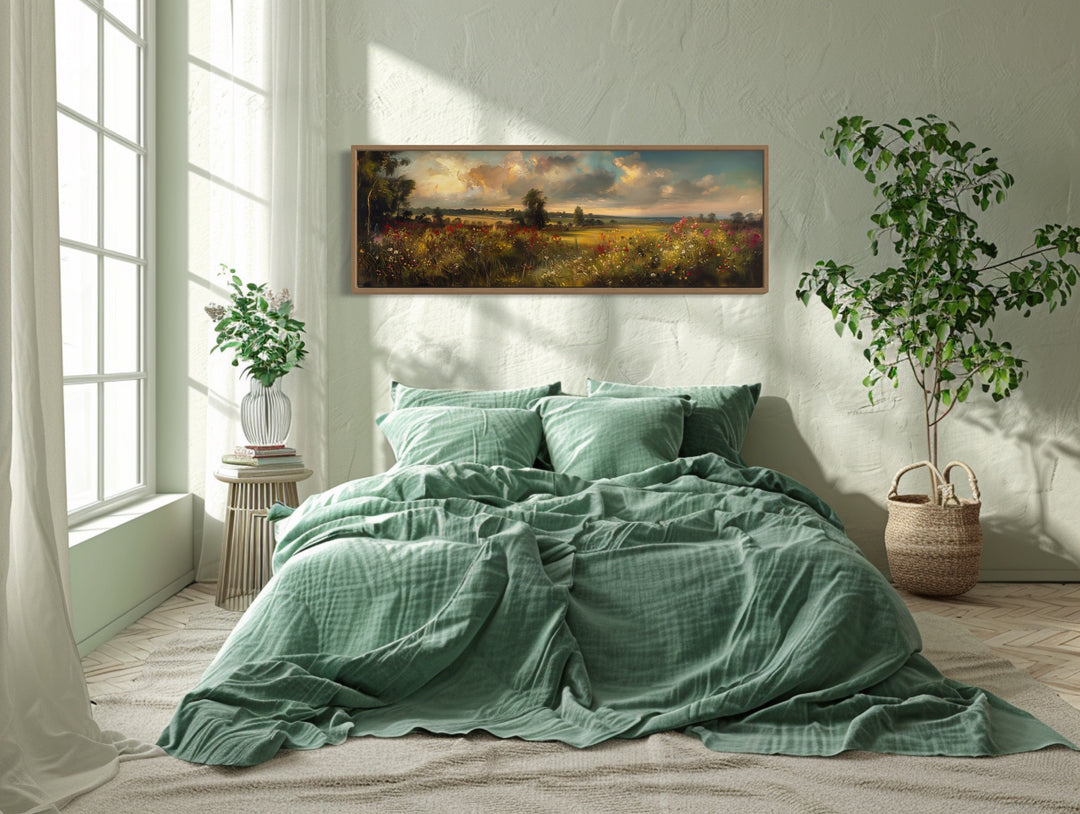 Wall Art For Bedroom - Vintage Wildflowers Field Landscape at Sunset Panoramic Canvas Wall Art