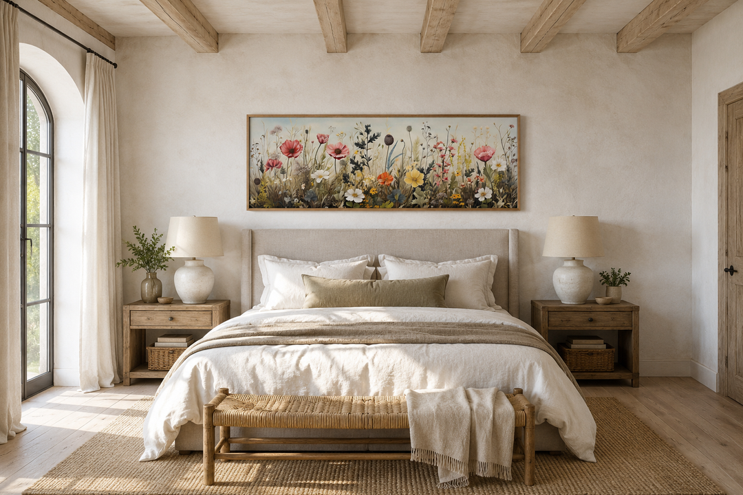 Vintage wildflowers field long horizontal framed canvas wall art hanging above a bed.