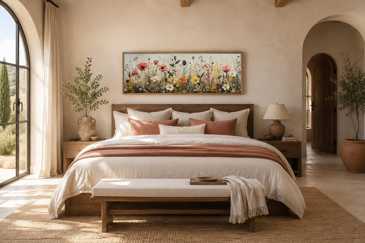 Vintage wildflowers field long horizontal framed canvas wall art hanging above a bed.