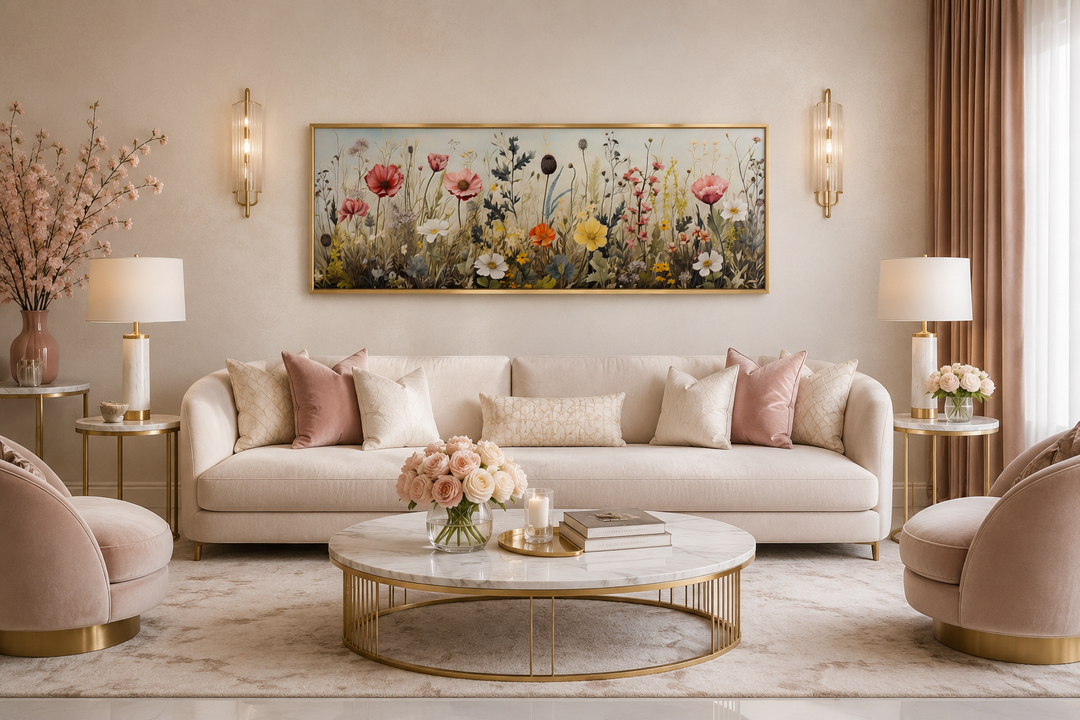 Vintage wildflowers field long horizontal framed canvas wall art above a sofa in a living room.