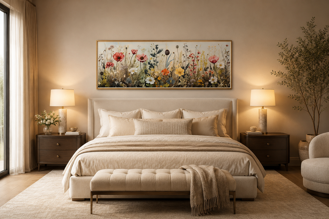 Vintage wildflowers field horizontal framed canvas wall art hanging above a bed in a neutral room.