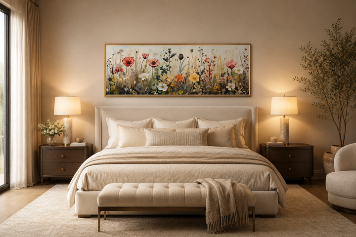 Vintage wildflowers field horizontal framed canvas wall art hanging above a bed in a neutral room.
