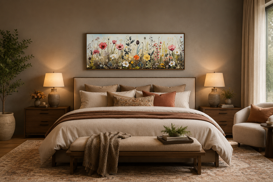 Vintage wildflowers field horizontal framed canvas wall art hanging above a bed in a bedroom.