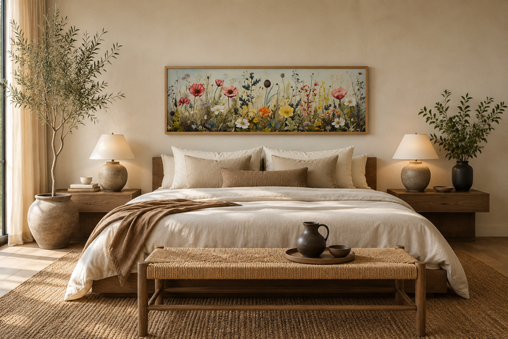 Vintage wildflowers field long horizontal framed canvas wall art hanging above a bed.