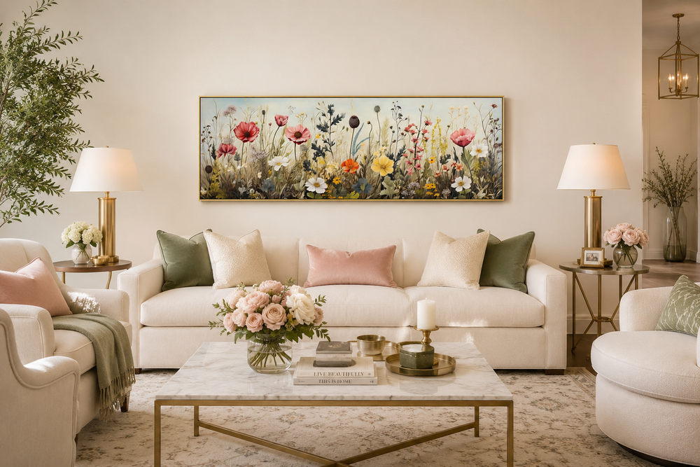 Vintage wildflowers field long horizontal framed canvas wall art hanging above a white sofa.