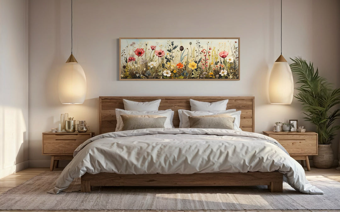 Vintage wildflowers field framed canvas wall art hanging above a wooden bed in a neutral bedroom.