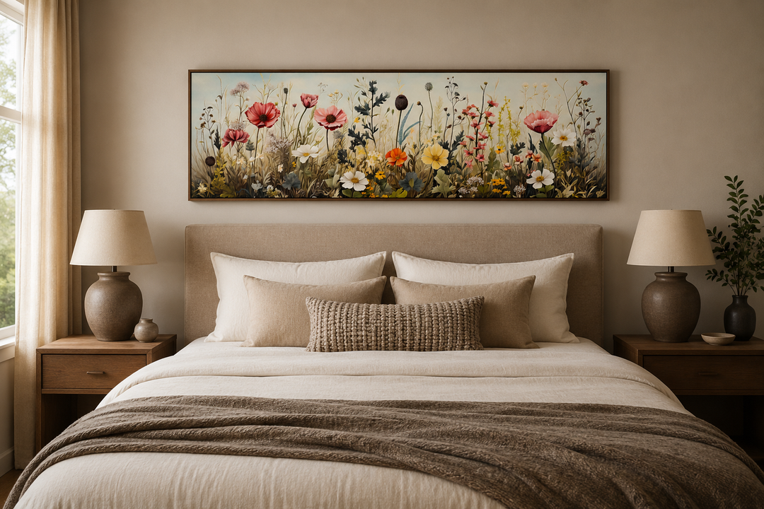 Framed horizontal canvas art of a vintage wildflower field hanging above a bed in a neutral room.