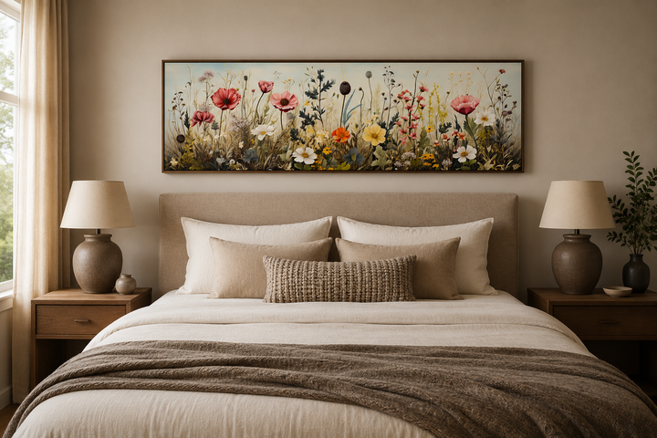Framed horizontal canvas art of a vintage wildflower field hanging above a bed in a neutral room.