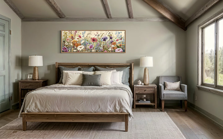 Vintage Wildflowers Field Panoramic Above Bed Wall Art
